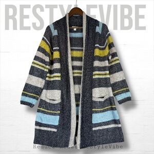 J JILL Women’s Size MP Sweater Cardigan Striped Wool Cotton Blend Soft